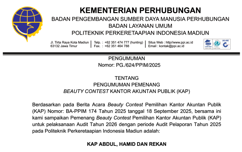 PG 624 PPIM 2025 Tentang pengumuman pemenang beauty contest kantor akuntansi publik (KAP)